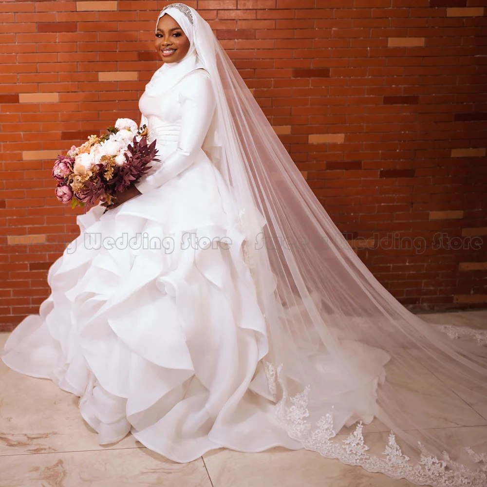 Gaun pengantin Muslim sederhana gaun pesta Organza Ruffles leher O lengan panjang putih gaun pengantin gaun Afrika No ajab