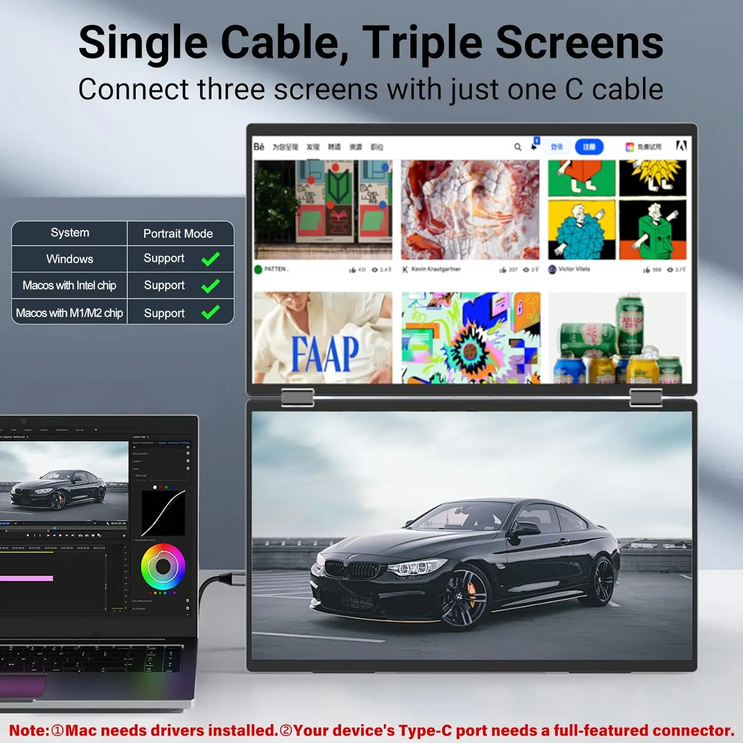 Moniteur Portable double 15.6 pouces, 1920x1080P FHD, réglable, double empilé, pliable, haut-parleurs intégrés, extension d'écran