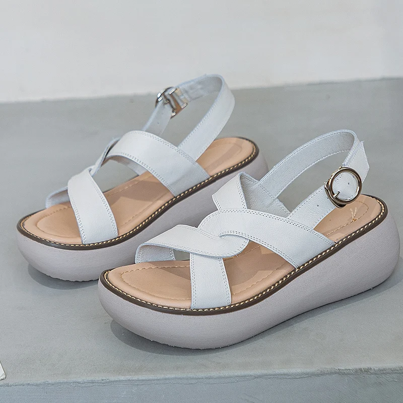 GKTINOO 2024 Women Summer Platform Sandals Buckle Strap Open Toe Thick Bottom Genuine Leather Ladies Casual Beach Wedges Shoes