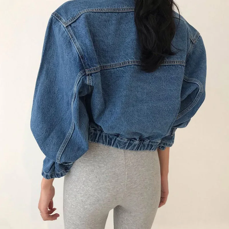 Multi Pocket Blue Bubble Sleeves Short Denim Jacket For Women Korean Spring Autumn Versatile Turn-down Collar Loose Cowboy Coat