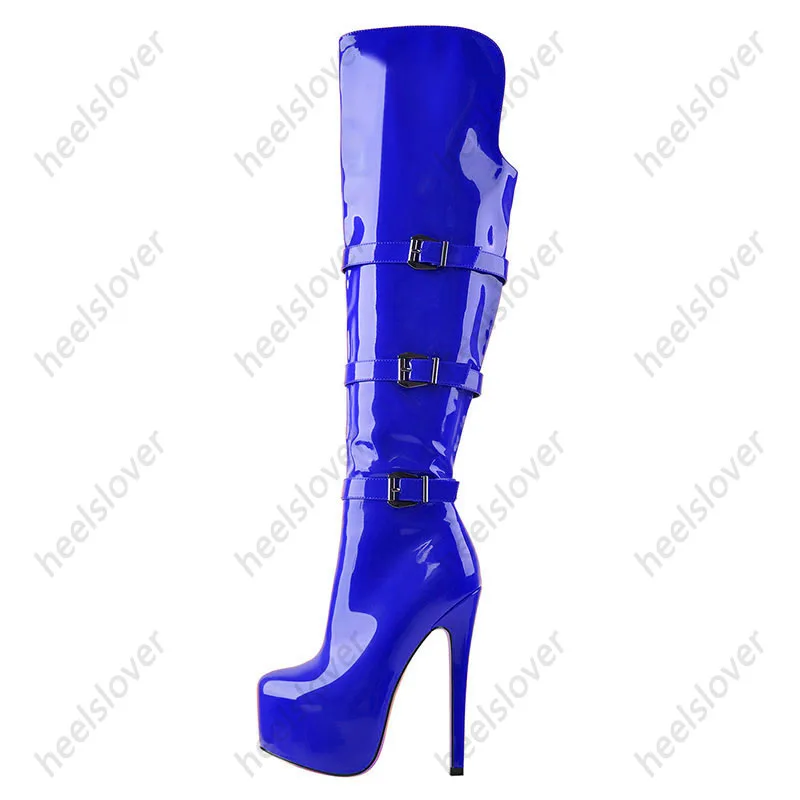 Women Handmade Winter Over Knee Boots Patent Side Zipper Stiletto Heels Round Toe Gorgeous Red Party Shoes Ladies US Size 5-20