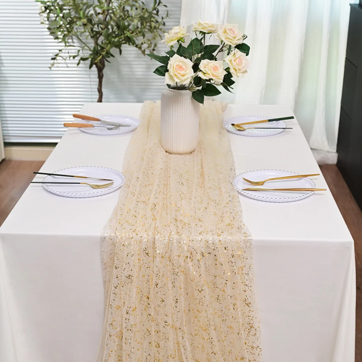 Gold Table Runner Sheer Chiffon Tulle Cheesecloth Golden Sequin Glitter Centerpiece Table Decor for Christmas Bridal Baby Shower