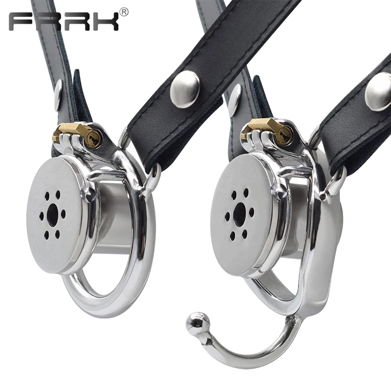 FRRK Harness PU Chastity Belt with Inverted Plug Cylinder Steel Cock Cage for Couple Games Play Steel Penis Rings 섹스용품