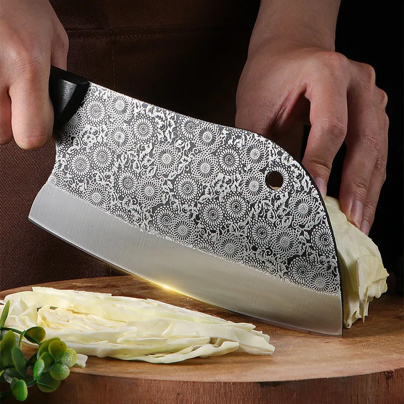 SHUOJI Forged Pattern Blade Cleaver Knife 50Cr15mov High Carbon Steel Butcher Knife Wood Handle Kitchen Chopping Slicing Knife