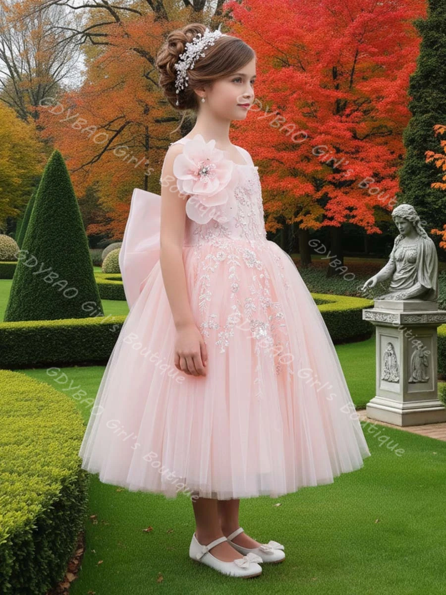 Witte prinses bloemenmeisje jurk kinderen bandjes lovertjes applicaties thee-lengte eerste communie jurk aangepaste bruiloft baljurk