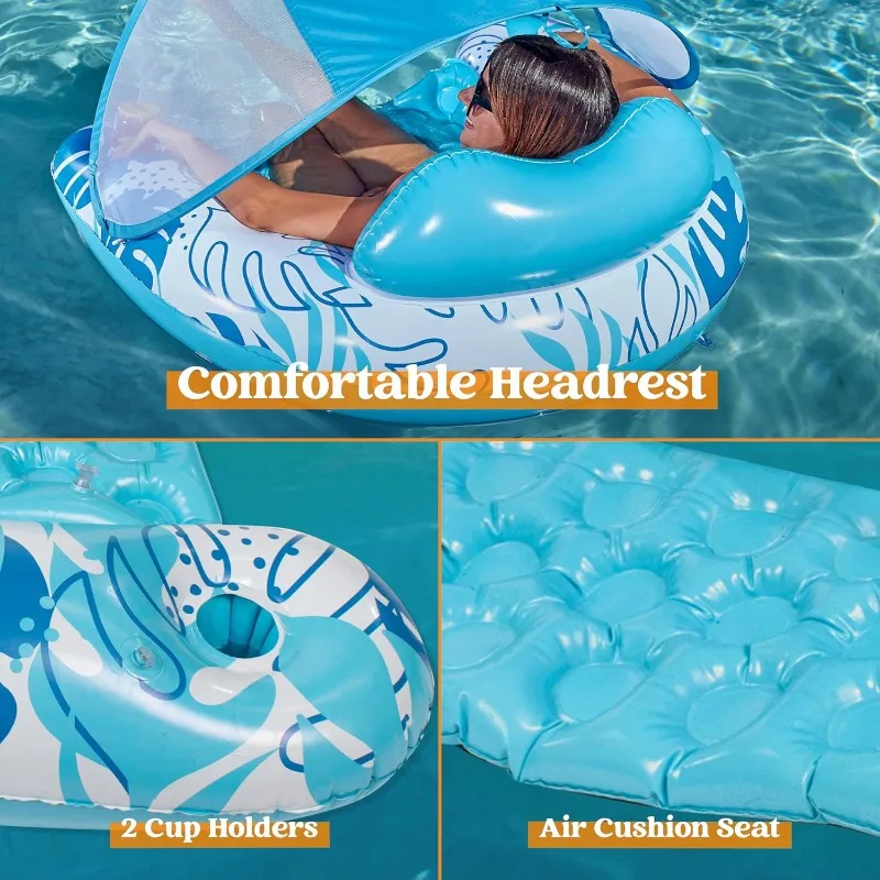 Flotadores Inflables para Piscina JOYFY XL con Toldo, Sillas Lounge con Portavasos para Adultos, Flotadores Inflables para Fiestas en la Playa y el Verano