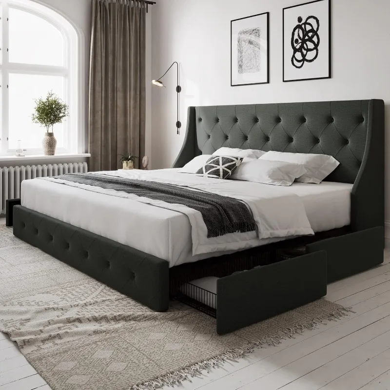 Estructura de cama tamaño queen con 4 cajones de almacenamiento y cabecero con respaldo de ala, diseño capitoné con botones, no necesita somier, gris oscuro