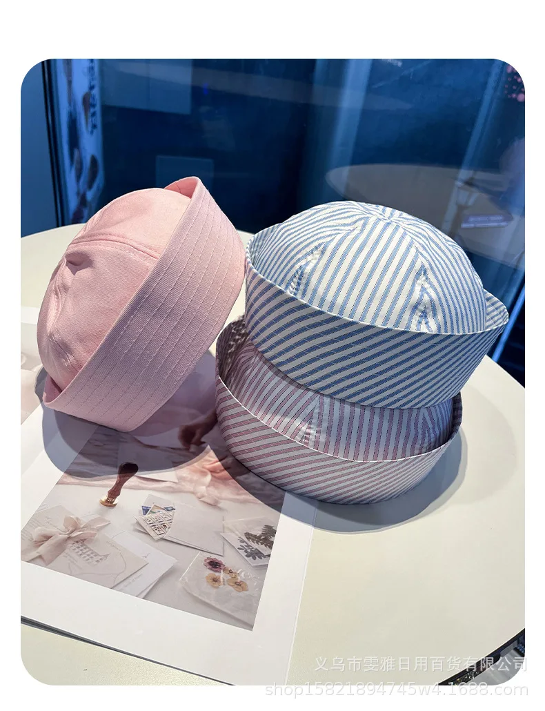 Customizable Striped Sailor Hat Women's Korean Style Cute Turn-Up Brim Cap All-Season Lightweight Heat-Transfer Ready