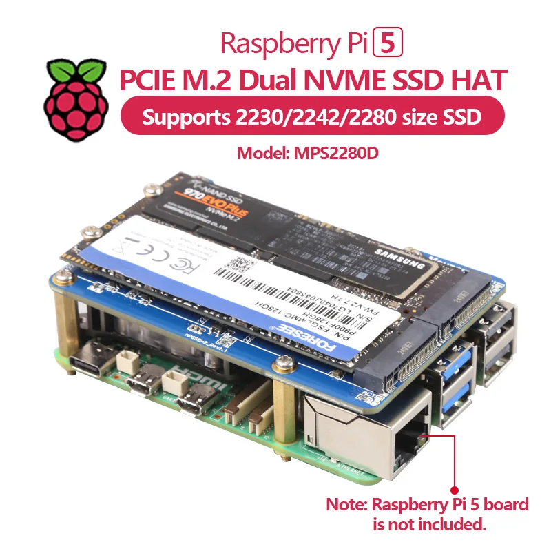 MPS2280D Raspberry Pi 5 PCIE M.2 Dual NVME SSD HAT support 2280/2242/2230 SSD