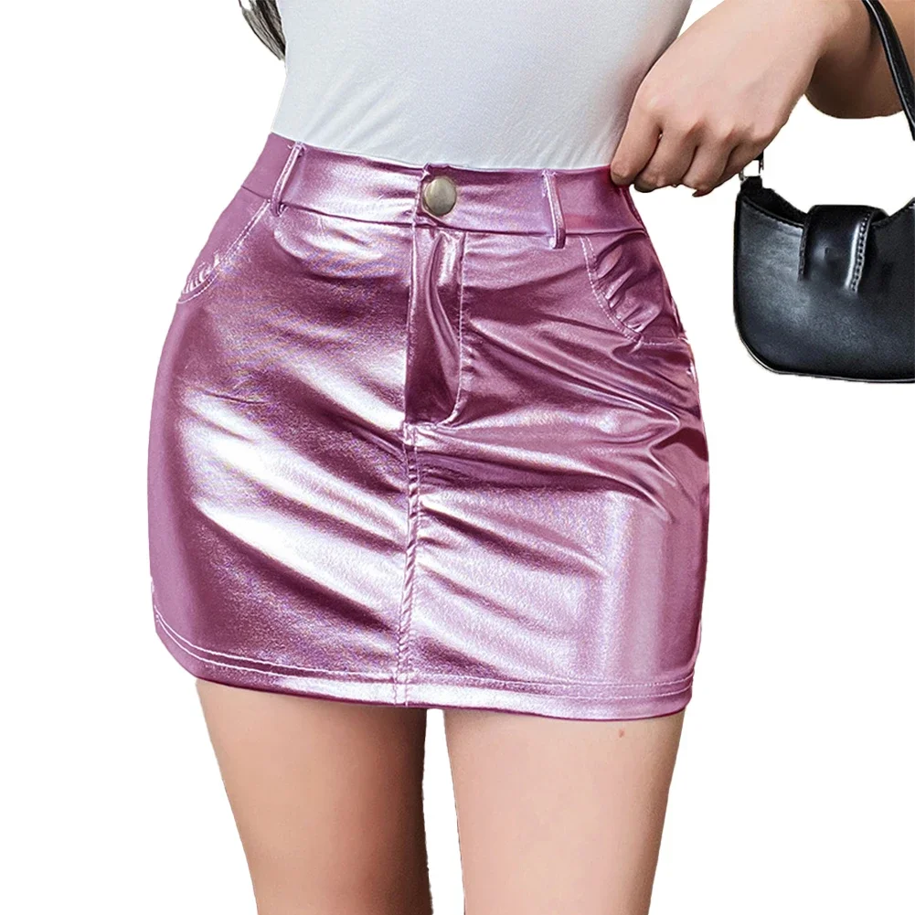 Summer Short Skirt Reflective Shiny Patent Leather Mini Skirts For Women High Waist A Line Short Sexy Y2K Clothes