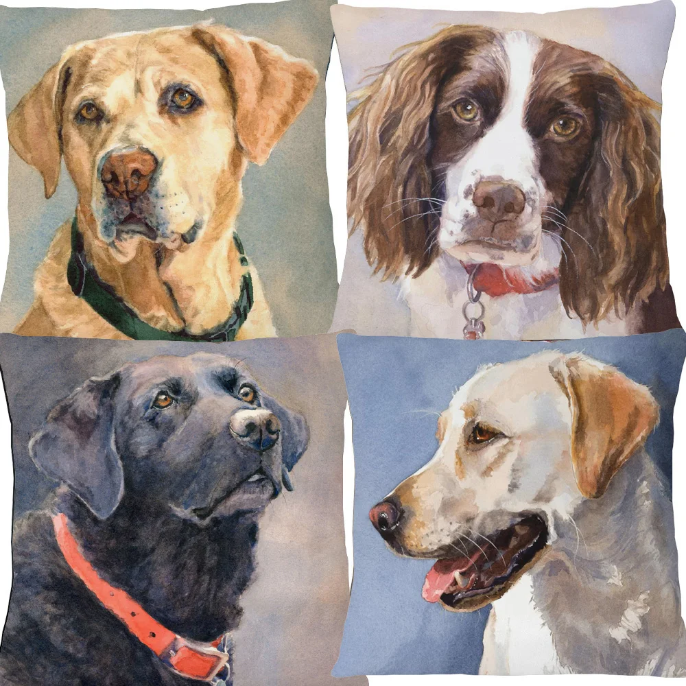 Color Painting Dogs Art Cushion Cover Black Labrador Springer Spaniel Golden Retriever Beagle Boxer Print Pillow Case
