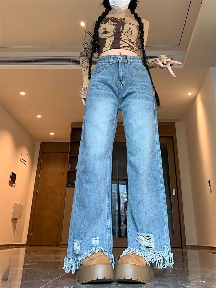 

Женские винтажные джинсы с кисточками и заусенцами, крутая уличная одежда с высокой талией для девочек, модные брюки, женские повседневные джинсовые брюки