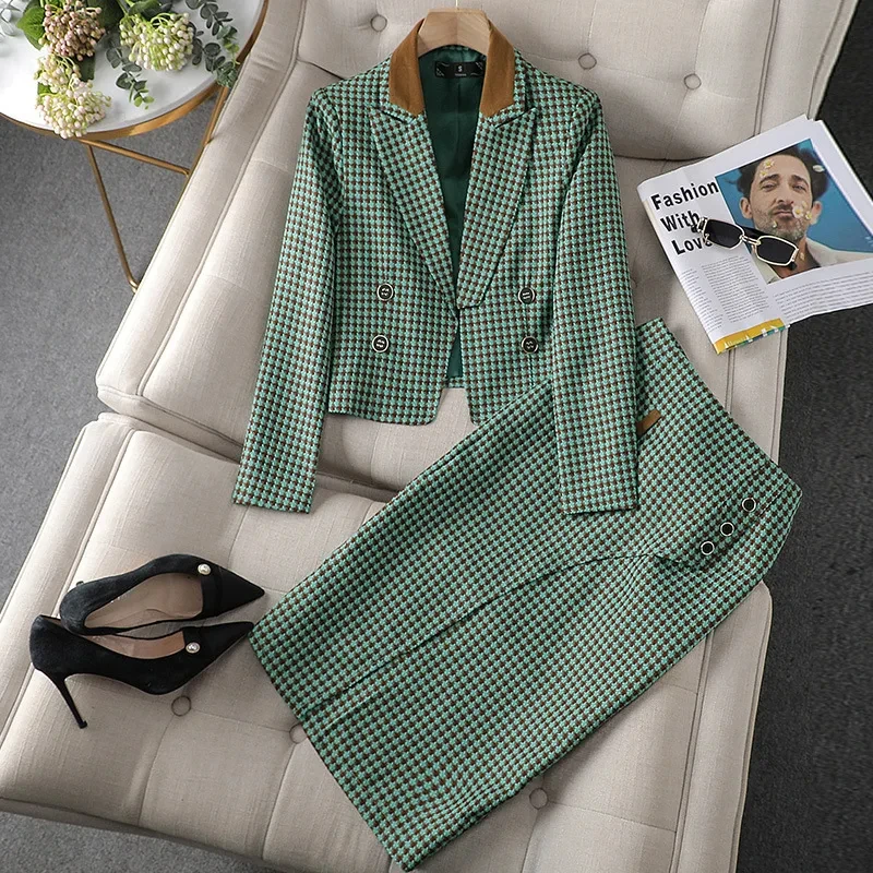 Office Plaid Outfits Blazer And Skirt For Women Green Black Double Breasted Fashion 2 Piece Set Business Elegant Lady Skirt Suit