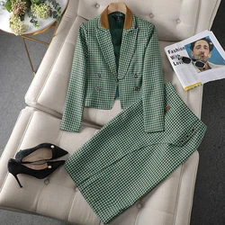 Office Plaid Outfits Blazer And Skirt For Women Green Black Double Breasted Fashion 2 Piece Set Business Elegant Lady Skirt Suit