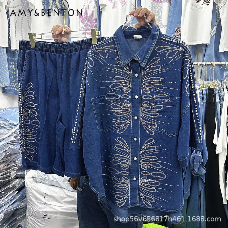 

European Style Heavy Industry Diamond Drills Water Ripple Loose Short Sleeved Denim Shirt Tops And Elastic Waist Loose Pant Suit