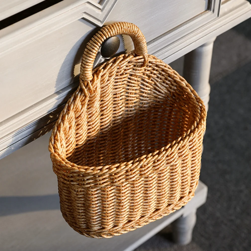 Hanging Woven Storage Basket Artificial Rattan Material Kitchen Storage Basket Fruit Sundries Organizer Washable Wall Decoration