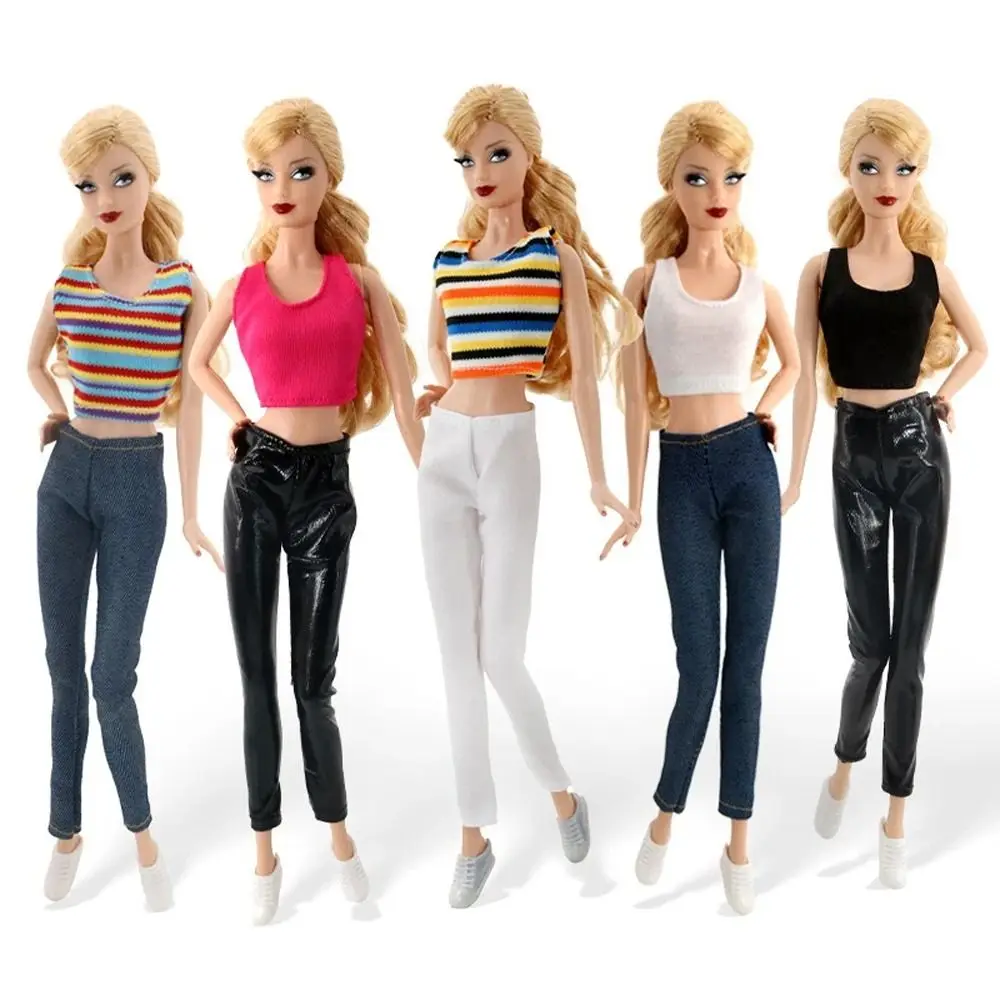 Fashion Dress Up Doll Clothes Play House Jeans Set Doll Outfit Casual Wear Color Stripe Doll Tops Trousers 1/6 Dolls