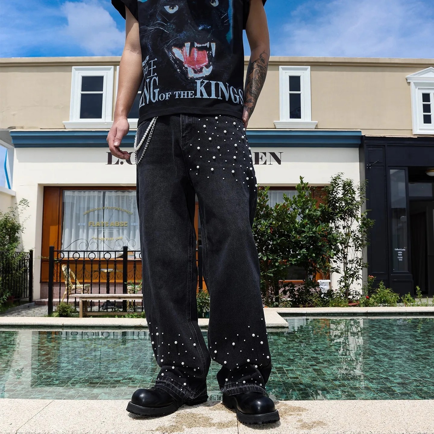 American Style Loose Straight Jeans For Men 2026 New Autumn Fashion Beaded High Street Wide Leg Pants Trendy