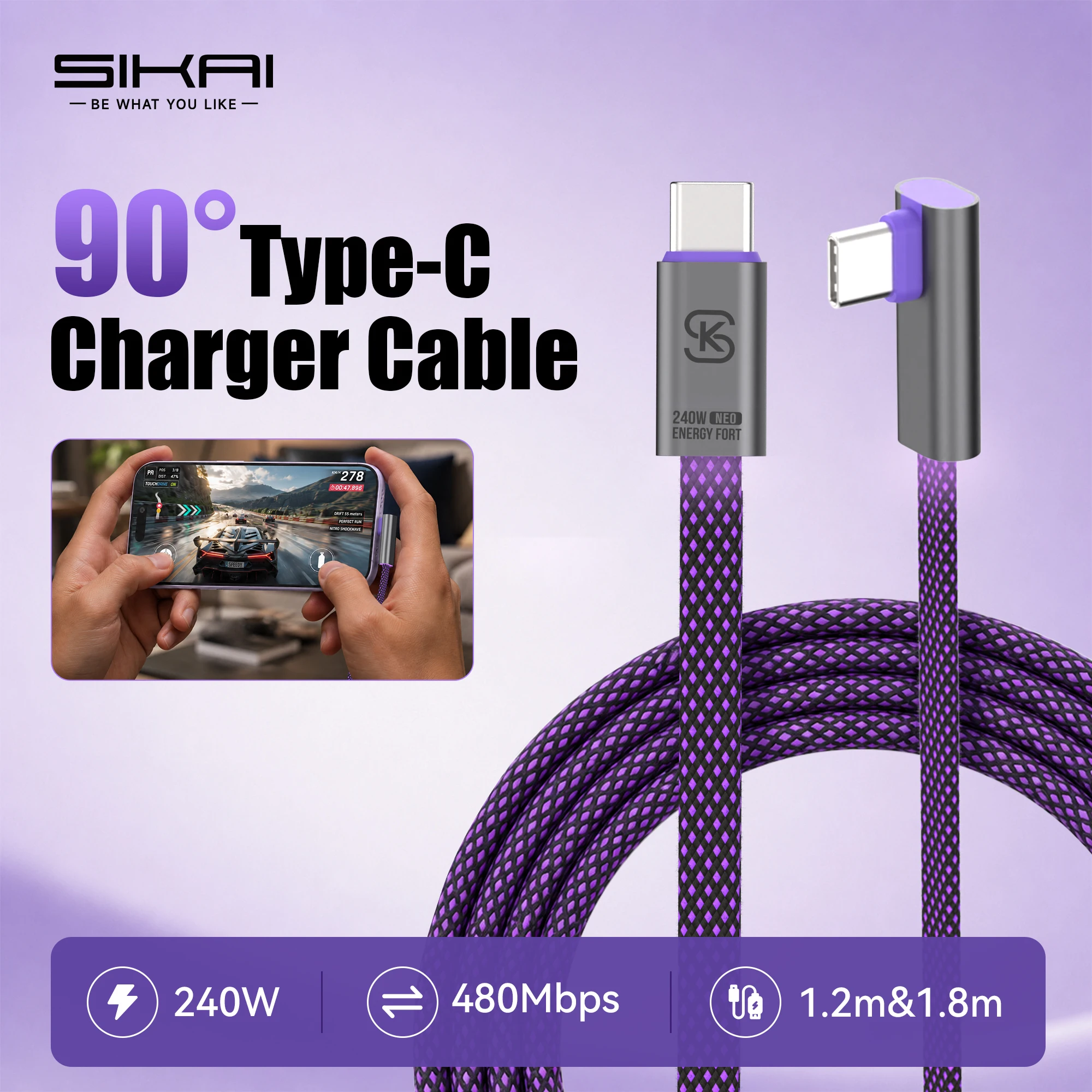 240W USB C Cable 90° Right Angle Type C to Type C PD3.1 Fast Charging Cord 480Mbps Data Tranfer Braided Gaming Cable 1.2m 1.8m