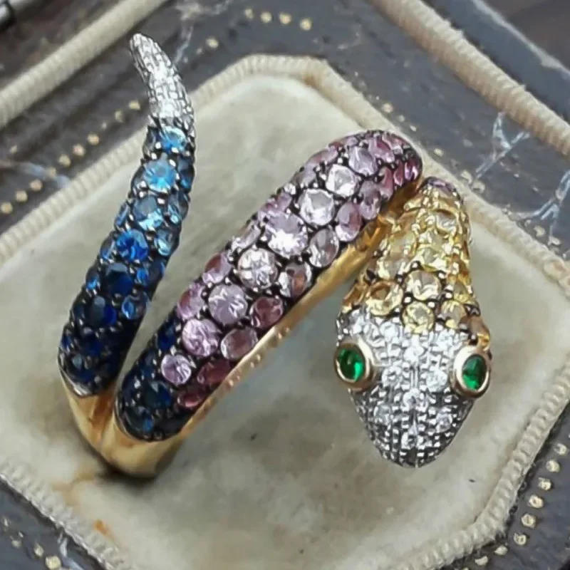 Luxury Rainbow Crystal Green Zircon Eyes Engagement Ring Punk Exaggerated Snake Shaped Wedding Rings for Women Boho Jewelry