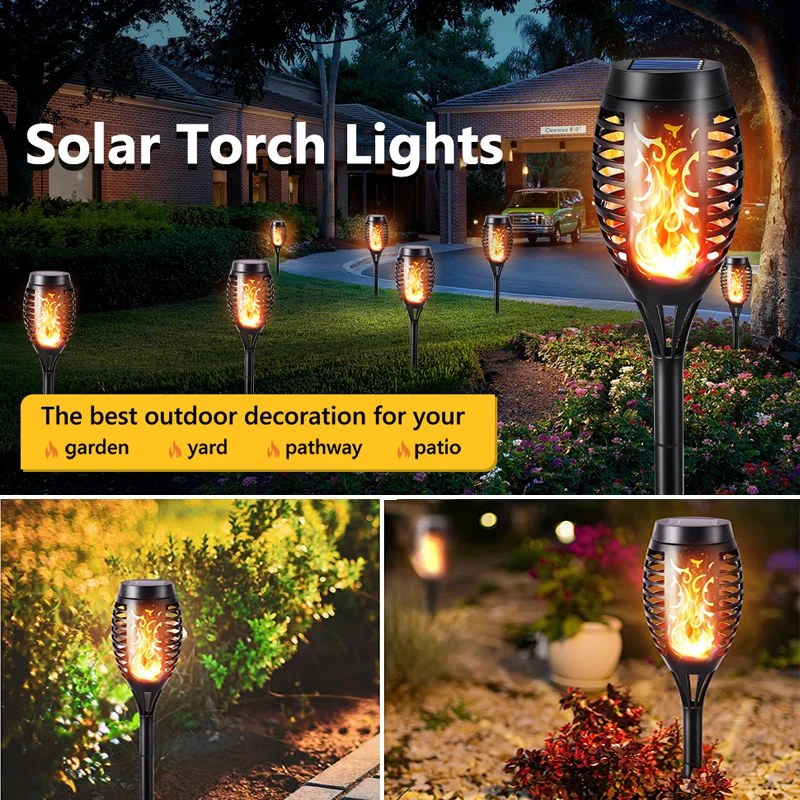 Solar Flame Torch Stake Lights Outdoor Waterproof Garden LED Flickering Decoration Lawn Lamp for Landscape Patio Yard Path