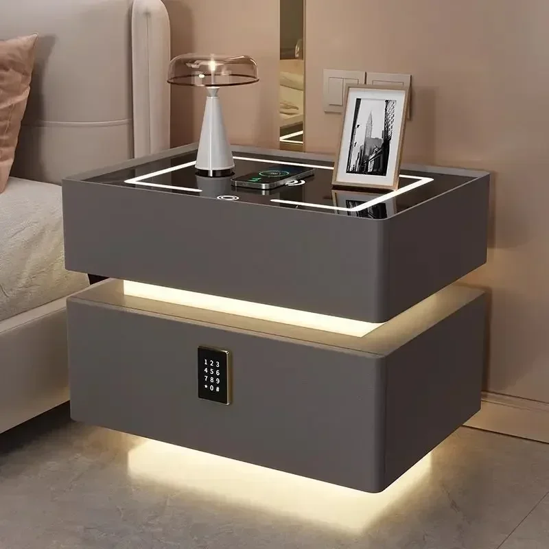 

Suspended smart bedside table Simple modern solid wood charging Light luxury cream Premium bedroom Wireless bedside table