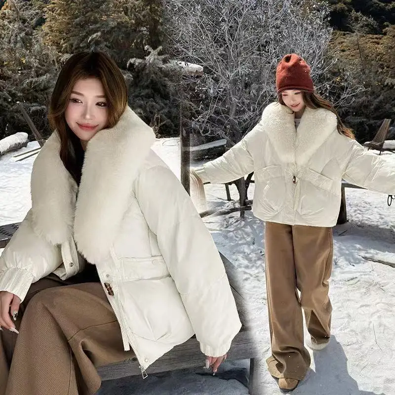 Zwaar haar revers Koreaanse katoenen gewatteerde damesjas 2025 mode nieuwe korte parka jassen bontkraag winter brood gewatteerde jassen
