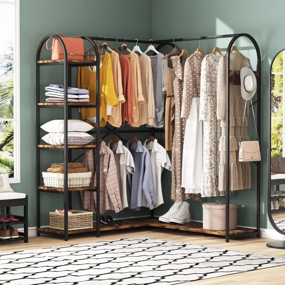 L ShapeClothes Rack, Corner Garment Rack withStorage Shelves and Hanging Rods,Space-Saving Large Open Wardrobe Closet