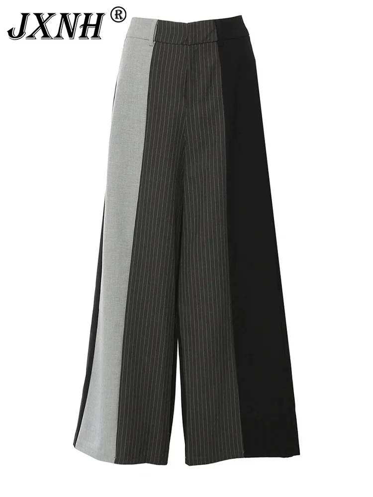 

Black Grey Striped Spliced Wide Leg Pants High Elastic Waist New Trousers Women Fashion Tide Spring Autumn 2024