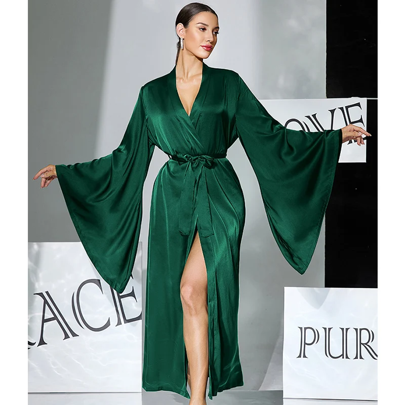 

Women's Robe Big Bell Sleeve Bathrobe Luxury Satin Sleepwear Multi-color V-Neck Nightgowns With Belts Silky Solid Dressing Gown