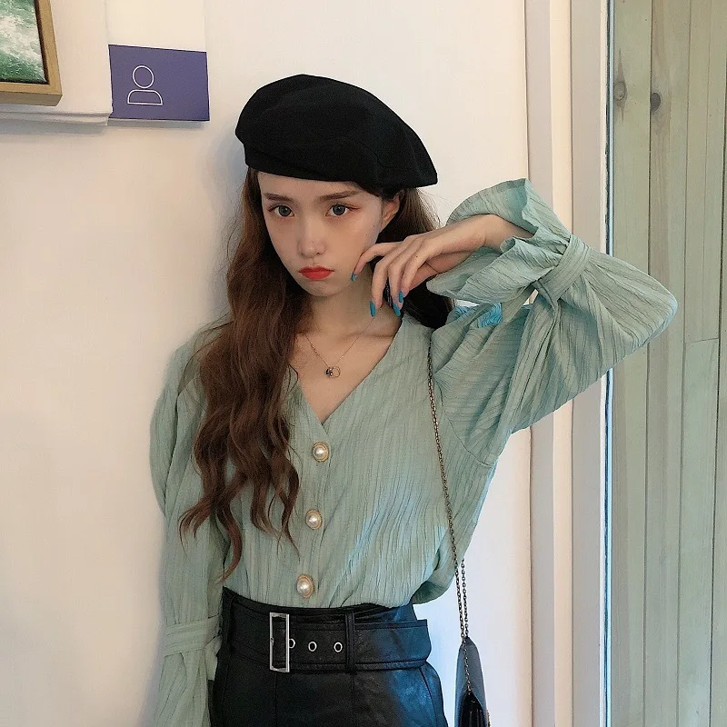 Spring New Vintage V Neck All-match Youth Shirt Tops Long Sleeve Solid Color Loose Korean Blouse Sweet Fashion Women Clothing