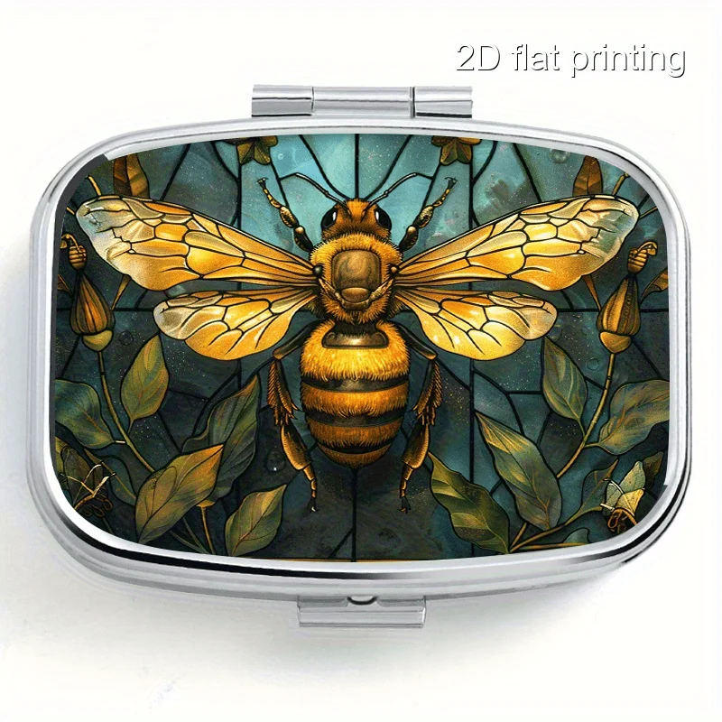 Square Small Box with Random Bee Pattern Print, 2-Compartment Metal Box, Portable Small Box with Compartments, Portable Small Box for Wallets or Money, Decorative Metal Small Vitamin Storage Box, Suitable for Travel, Camping, Unique Gift