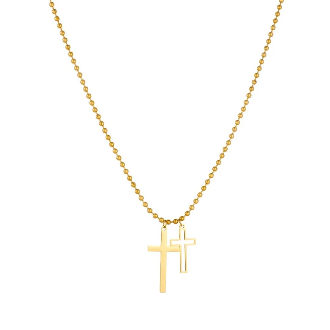 Punk Fashion Double Hollow Cross Charm Pendant Female Gold Color Stainless Steel Bead Chain Link Necklace for Women Jewelry Gift