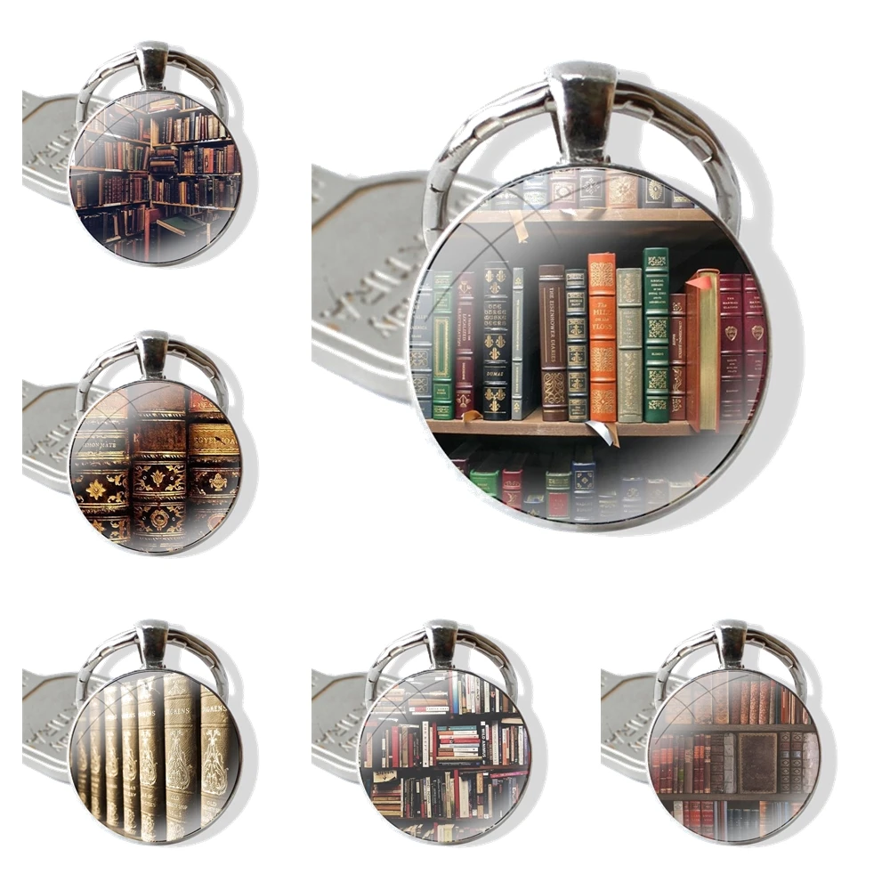 Keychain Handmade Glass Cabochon Key Ring Holder Pendant Key Chains Classic Library Books