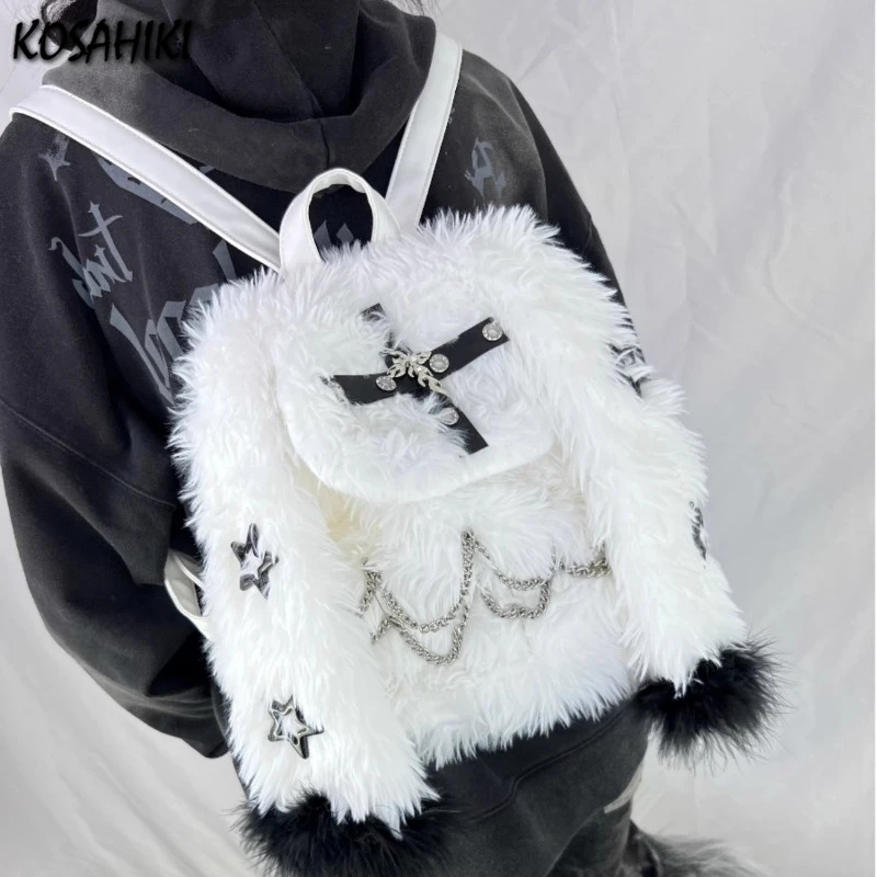 

Japanese Kawaii Fluffy Cross Chain Backpack All Match Women Chic Star Schoolbags Casual Y2k Aesthetic Ins Backpacks for Students