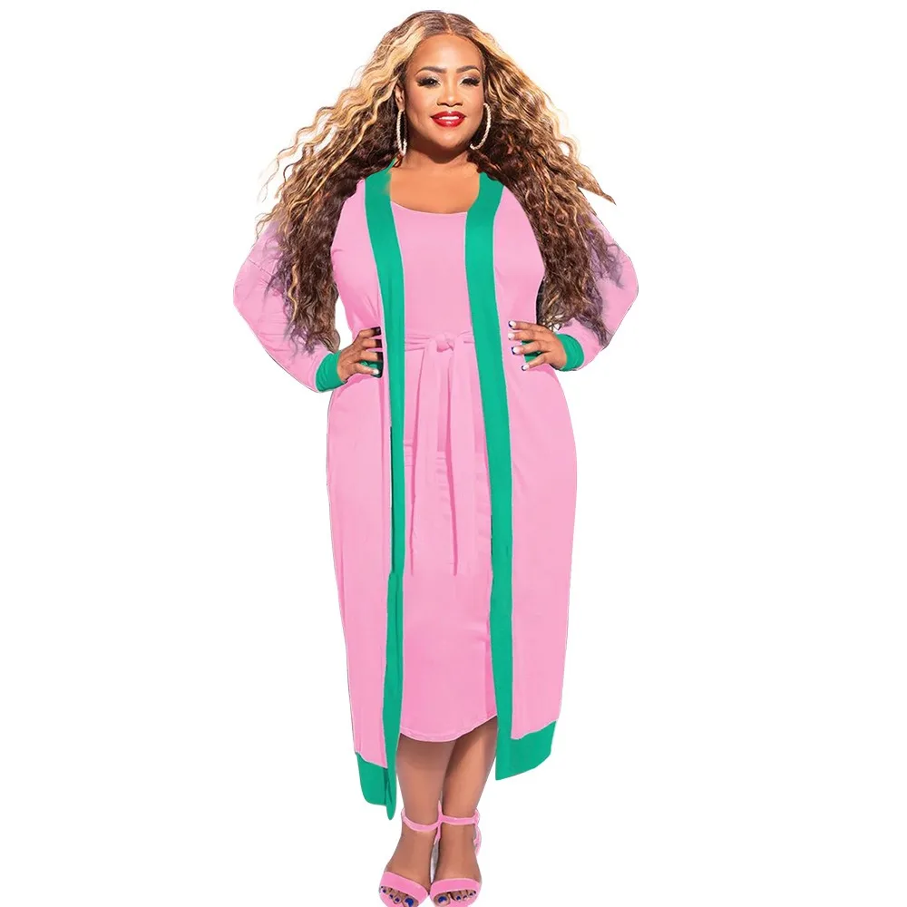 L-4XL 2024 Winter Plus Size Two Piece Sets for Women Clothing Fashion Patchwork Long Sleeve Coats and Belt Dress Suits Wholesale