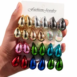 New 3 Pair/Set Chunky Waterdrop Hoop Earrings Dupes for Women Thick Metallic Color Acrylic Tear Drop Earring Lightweight Jewelry