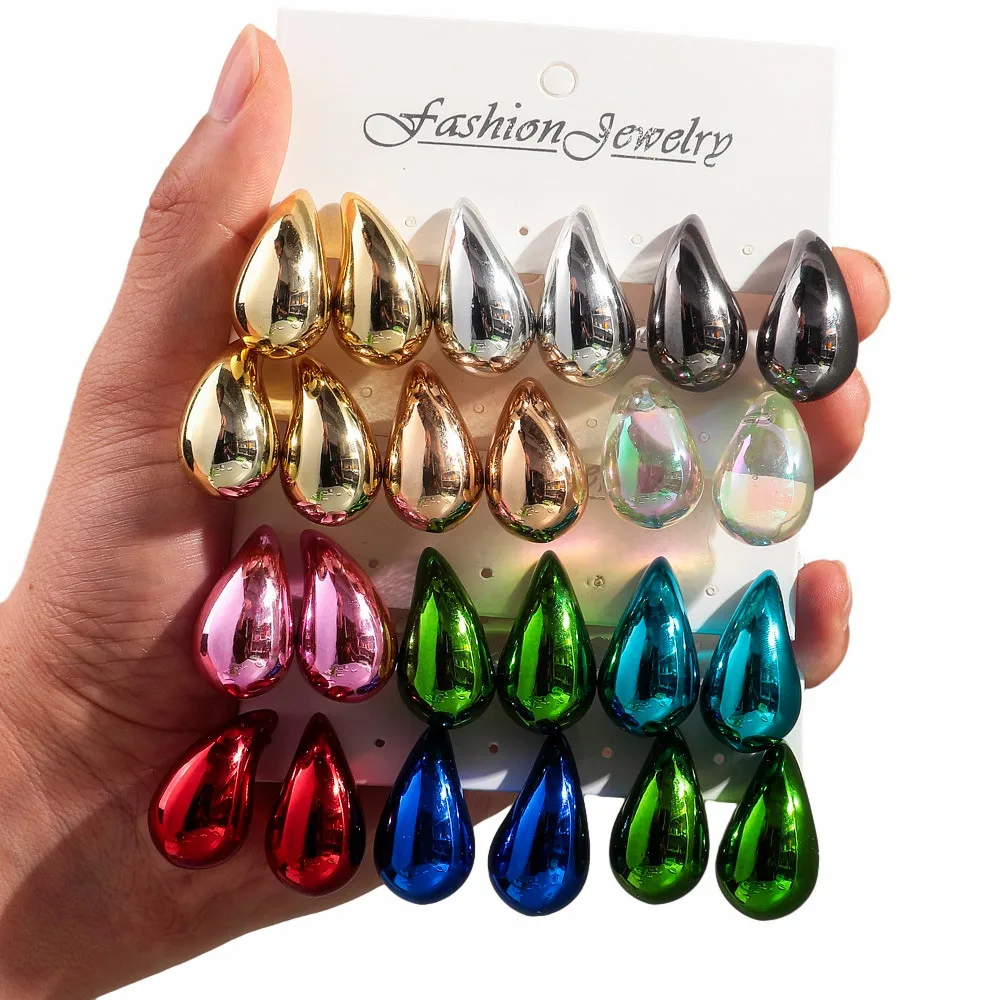 Nowe 3 pary / zestaw Chunky Waterdrop Hoop Earrings Dupes dla kobiet Gruby metaliczny kolor Akrylowy kolczyk w kształcie łzy Lekka biżuteria