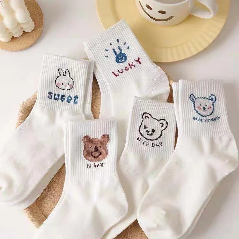 5 Pairs Pack Women Socks Girl Cartoon Bar Bear Lovely Happy Funny Smile Cute Kawaii Boat Ankle Short Cotton Socks носки женские