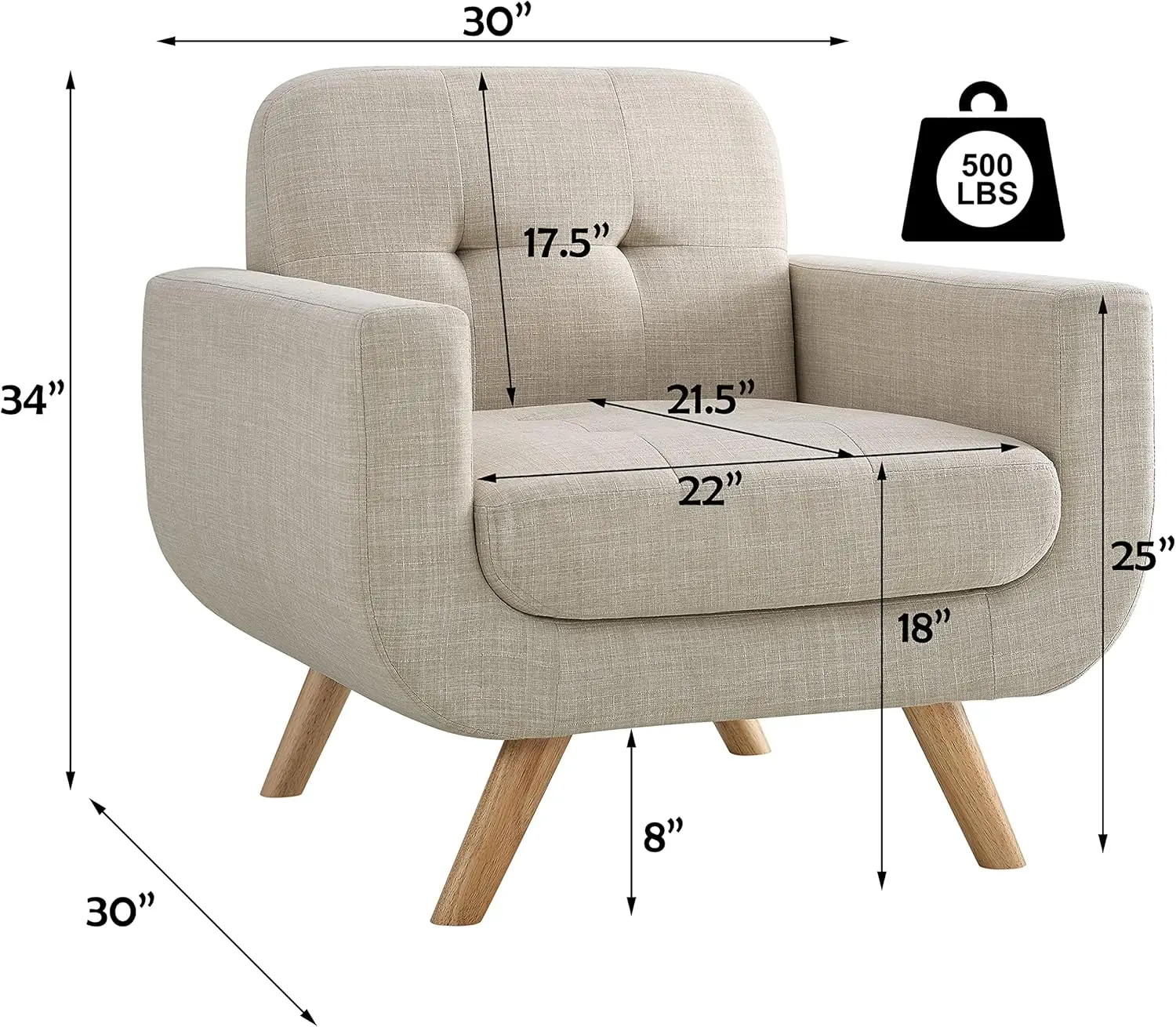 Rosevera Elena Contemporary Accent Armchair with Linen Upholstery Living Room Furniture, Beige