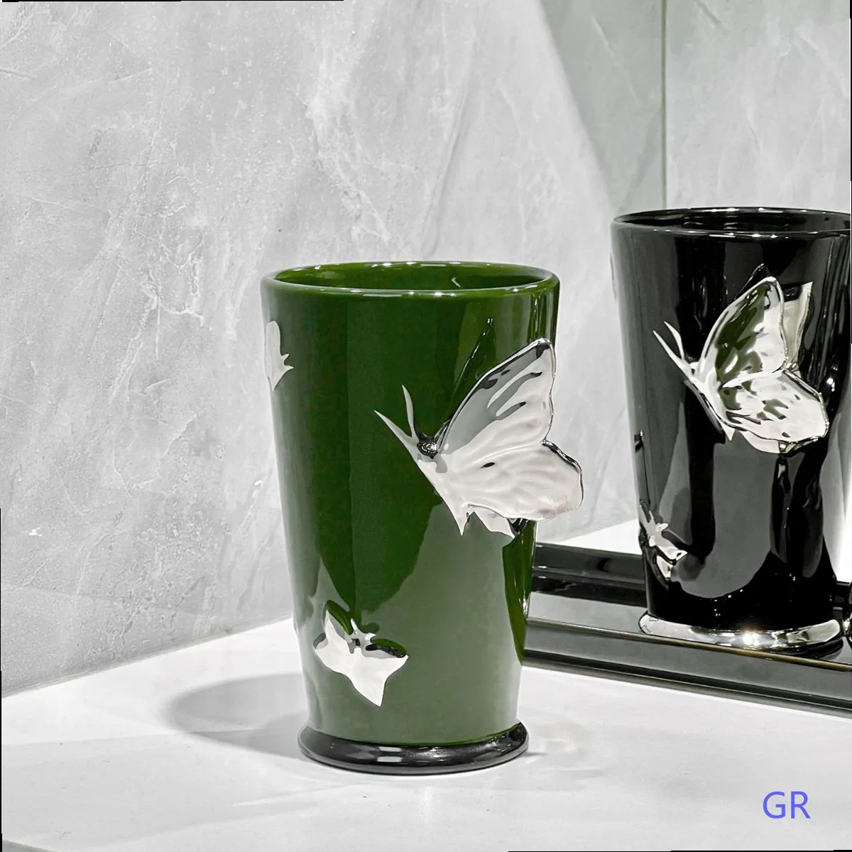 Light Luxury Butterfly Ceramic Rinsing Cup Set with Twisted Silver Stand for Bathroom Toothbrush Holder