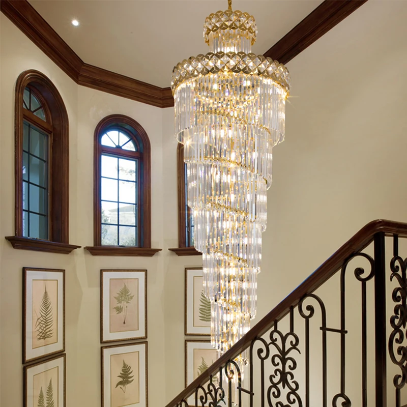 Modern Luxury Stairs Large Crystal Chandeliers Hanging Lamp Villa Hotel Lobby Loft Living Room Decor Rotating Long Pendant Light