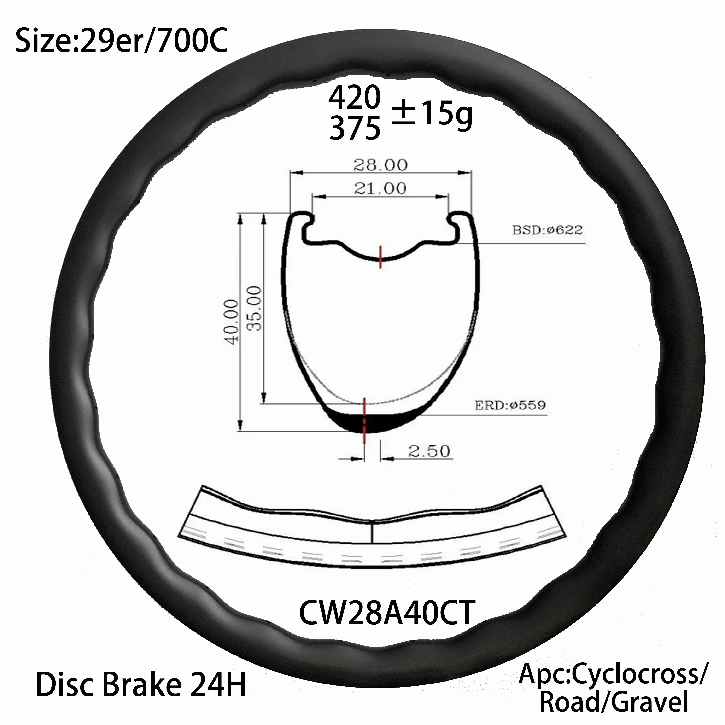 40mmX28mm width carbon bike wheel wave shape Disc brake Asymmetry bicycle rim UD 3K 700C/29er bicycle component online hot sale