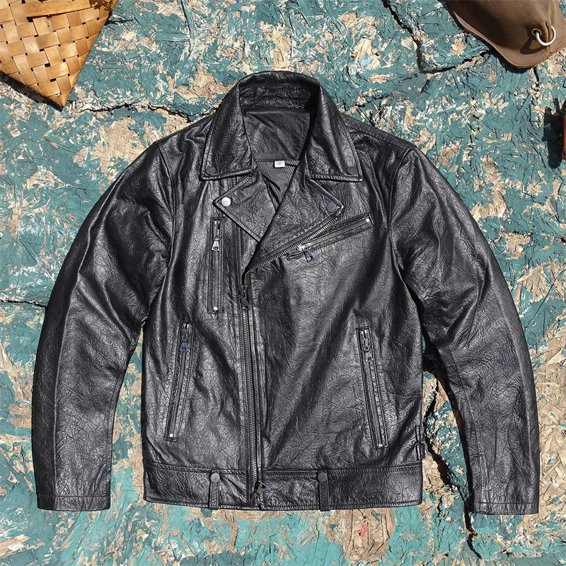 

Men's top layer cowhide genuine leather jacket with oblique zipper motorcycle style