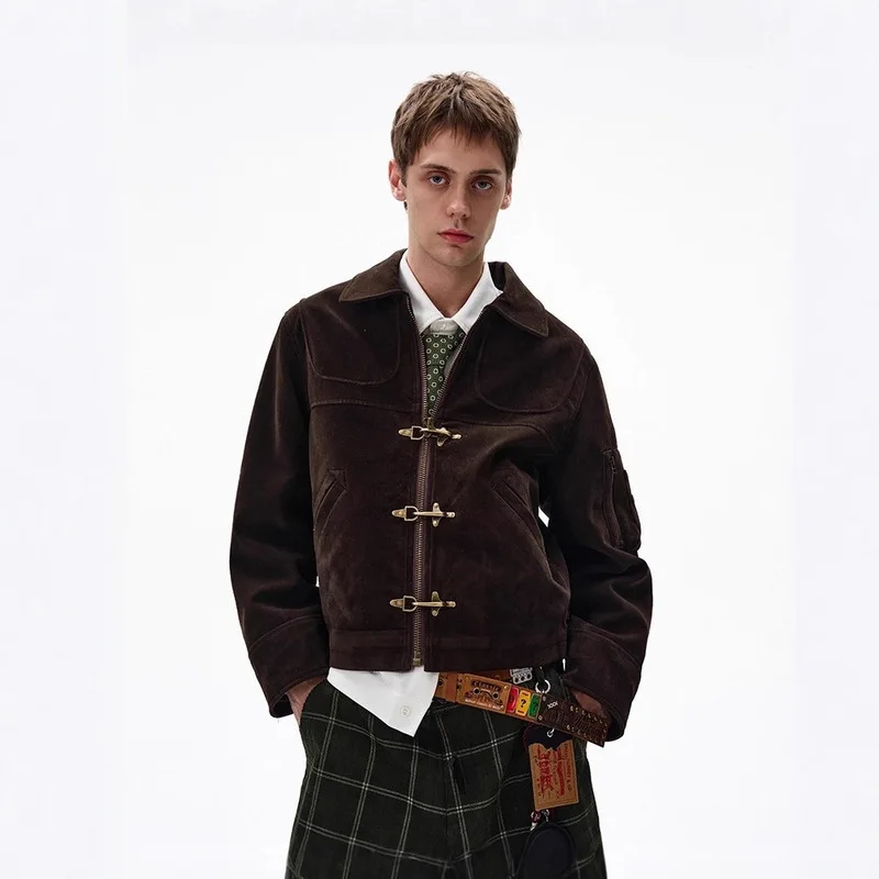 Men Vintage Corduroy Jacket Lapel Collar Metal Buckle Zip Up Coat Retro Streetwear Casual Cropped Outerwear
