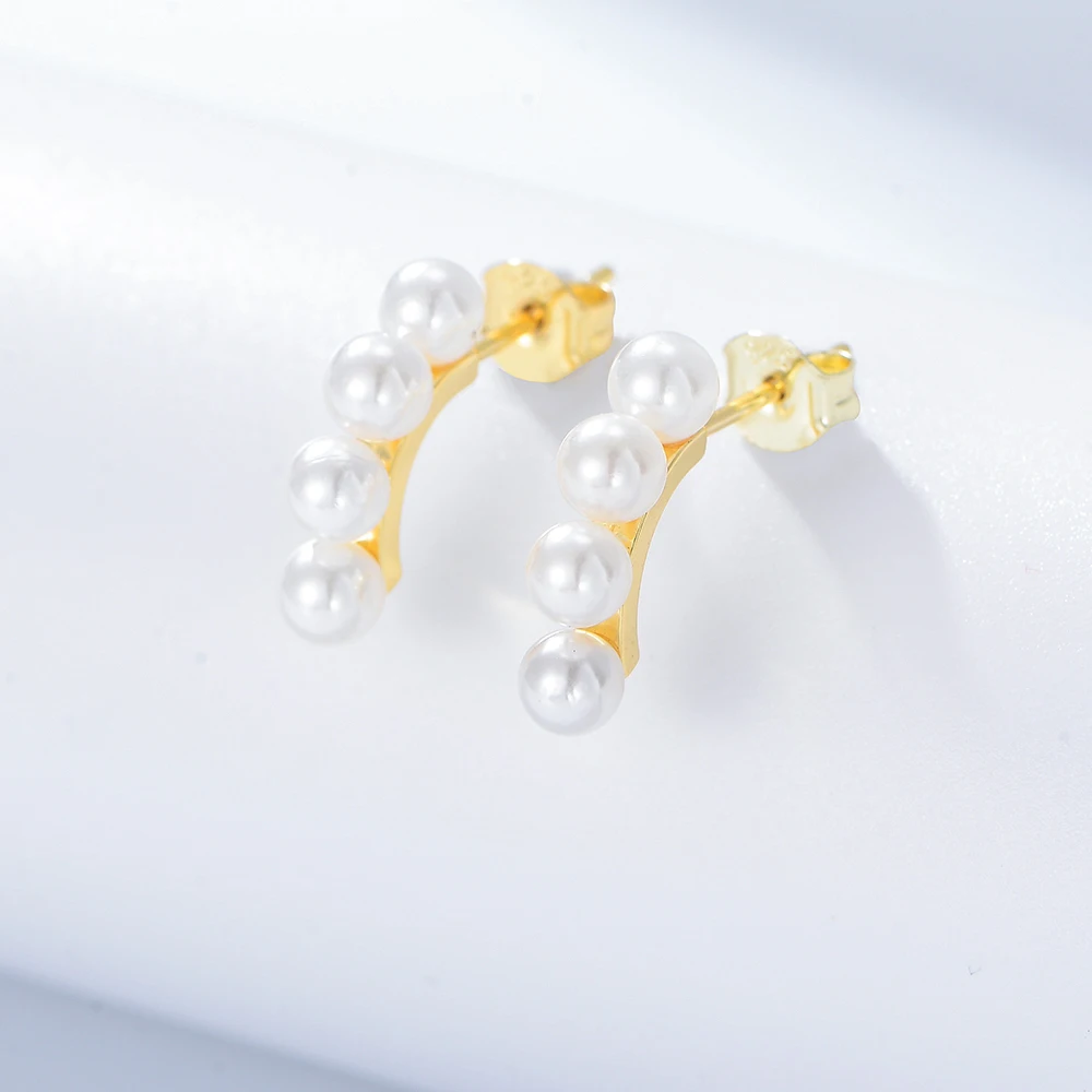 Fulsun 925 Sterling Silver Gold Plated Artificial Pearl Stud Cute Earring Women Girl Jewelry