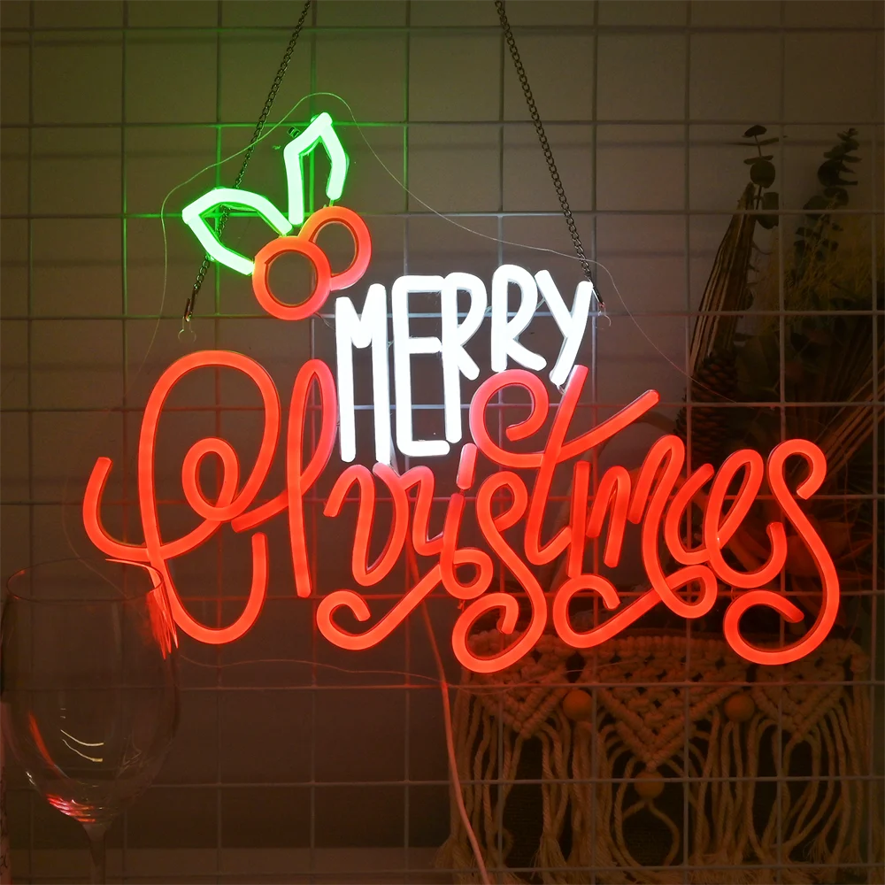 Red White Merry Christmas Neon Sign HOHOHO Christmas Christmas Neon Light Shop Bar Window Wall Decor Light USB Dimmable Light