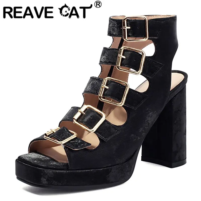 

REAVE CAT Design Women Fashion Sandals Square Toe High Heels 9.5cm Platform 2cm Zipper Belt Buckles Metal Decor Big Size 45 46
