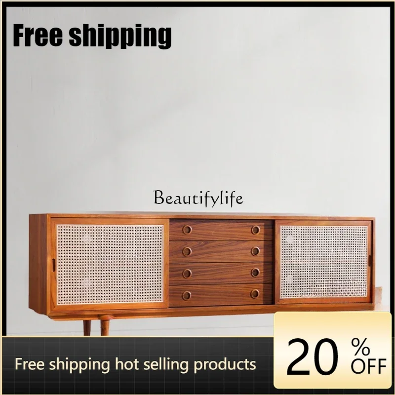 X4 parts and accessoriesRattan TV Cabinet Retro Medieval Teak North American Cherry Wood Living Room Storage Side Cabinet