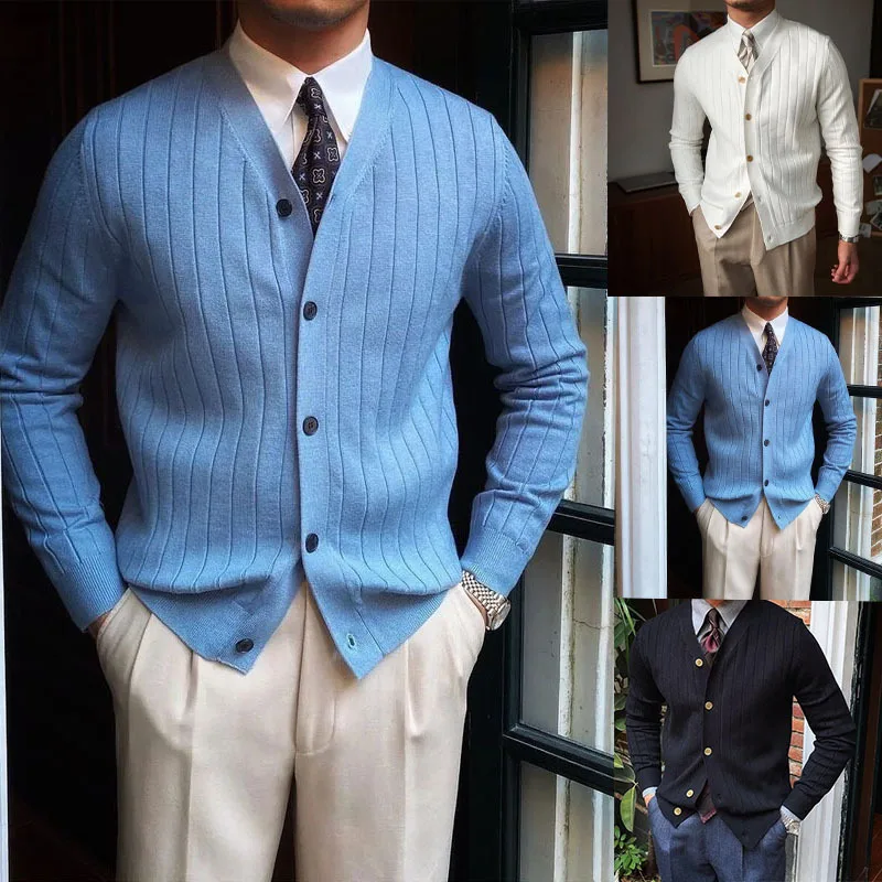 

Men's Knitted V-Ne Button-Up Cardigan Pure Color Casual Outerwear Long Sve Cotton Blend Fabric Winter Season